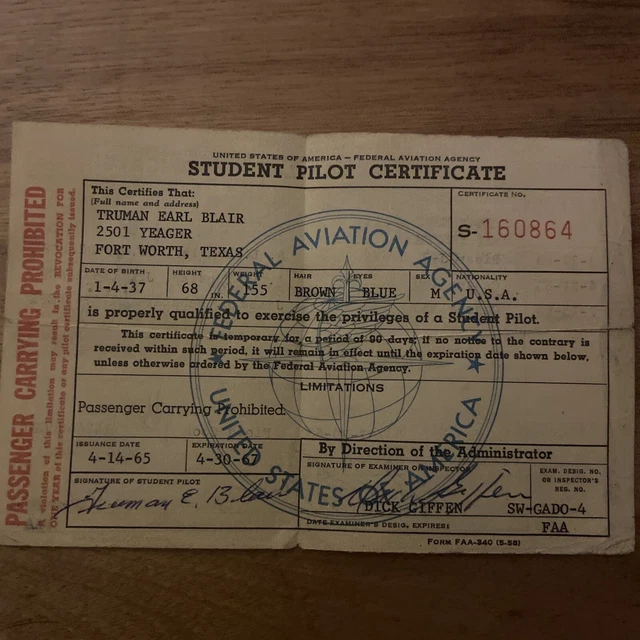 STUDENT PILOT CERTIFICATE (Apr 1965) Piper & Cessna FAA USA (Fort Worth