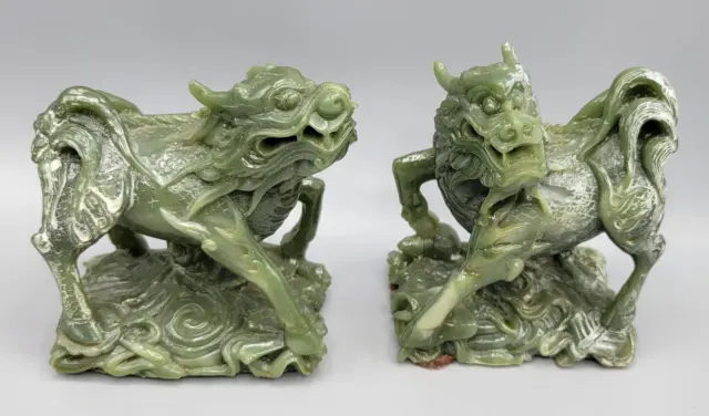 Vintage Pair Foo Dog Figurine Statues in Jade Color Chinese Green Dragons