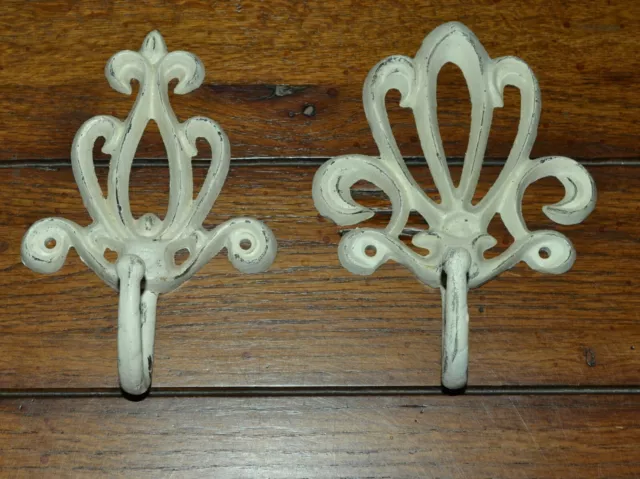 (2) Wrought Iron  Wall Hooks Distressed White Ivory Fleur De Lis Heavy Duty