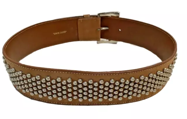 NEIMAN MARCUS Womens 2" WIDE Brown LEATHER BELT Silver STUDDED 27" MADE in ITALY