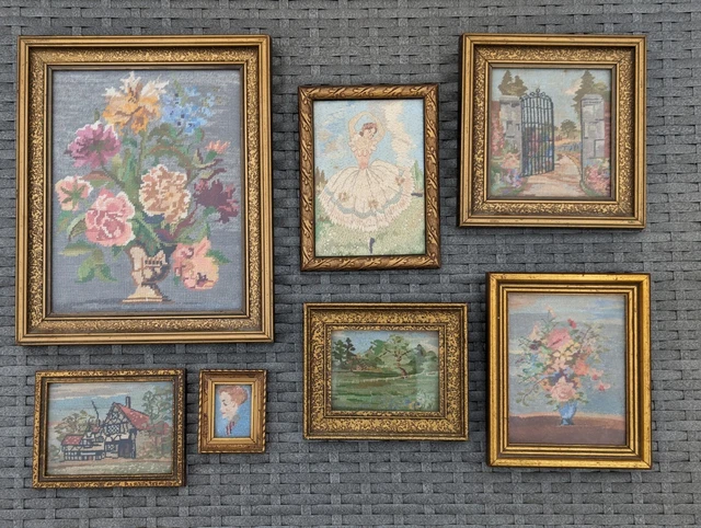 Vintage Puppenhaus Anfang-Mitte 20. Jahrhundert Miniatur gerahmt bestickt Bilder?