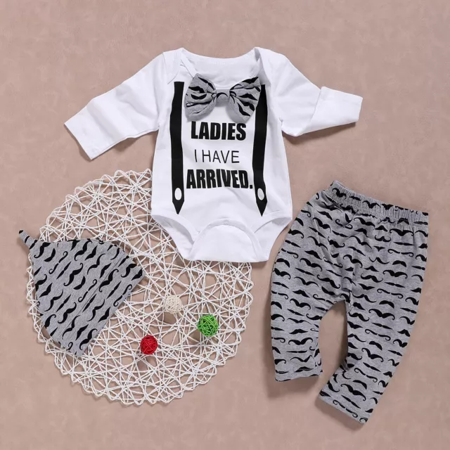 Newborn Baby Boys Gentleman Clothes 3PCS Romper Tops Pants Hat Outfits Kids Set 3