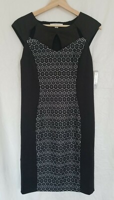 Studio AA Sheath Dress Black White Geo Pattern Cap Sleeve Pullover Size 6
