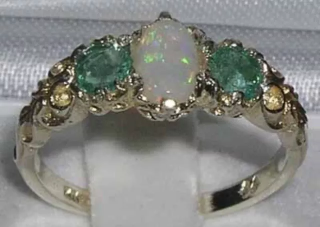 Stunning Sterling Silver Natural Opal and Emerald Trilogy design Ring