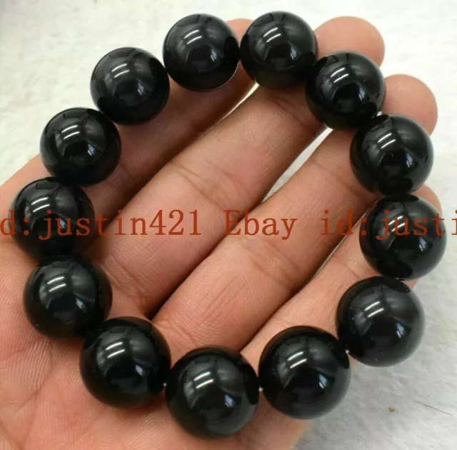 Huge 16mm Natural Black Agate Onyx Round Gemstone Beads Elastic Bracelet 7.5''