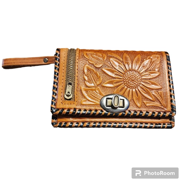 Vtg Genuine Leather Tooled Wallet Clutch Mexico Western Brown Women's Sunflower