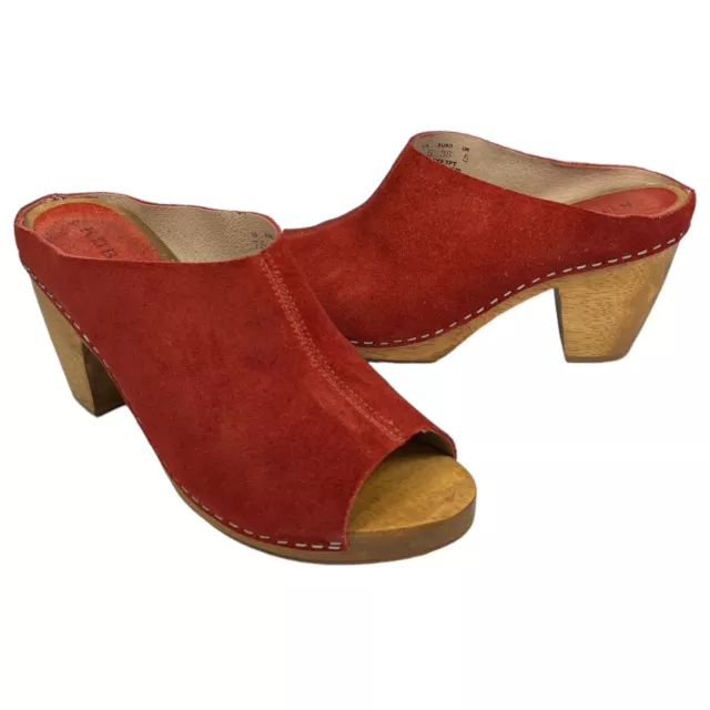 Kelsi Dagger Brooklyn KDB Bergen Peep Toe Clogs Red Suede Wooden Mules 7.5