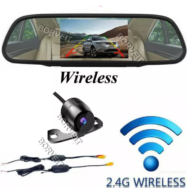 2.4G Wireless Backup Reverse Camera Car Rear View 4.3" Mirror Monitor 170° Angle