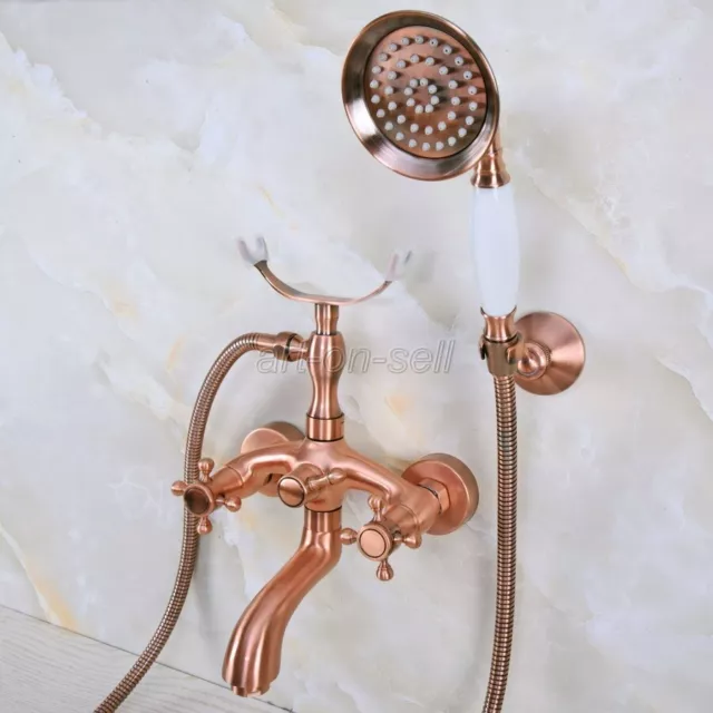 Antique Red Copper Wall Mount Bathroom Clawfoot Bath Tub Faucet w/ Hand Shower