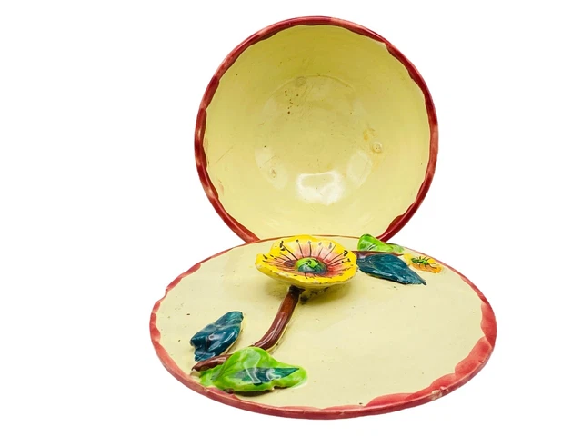 Vintage Italian Majolica Bowl Floral Covered Dish Art Pottery Leaf Signed 6