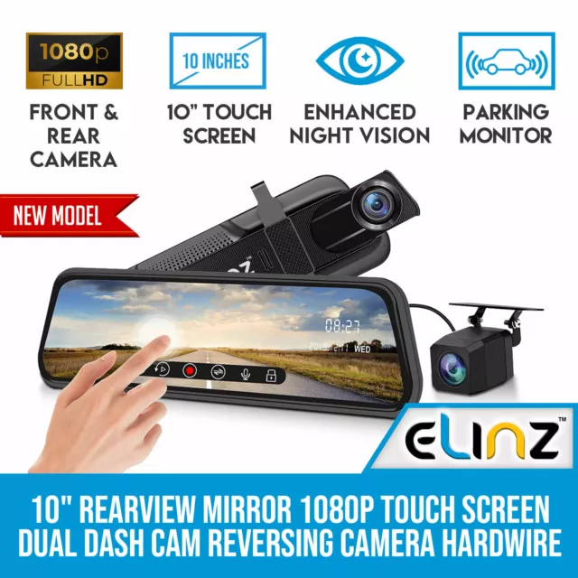 10" Rearview Mirror 1080P Full Touch Screen Car Dual Dash Cam Reversing Camera