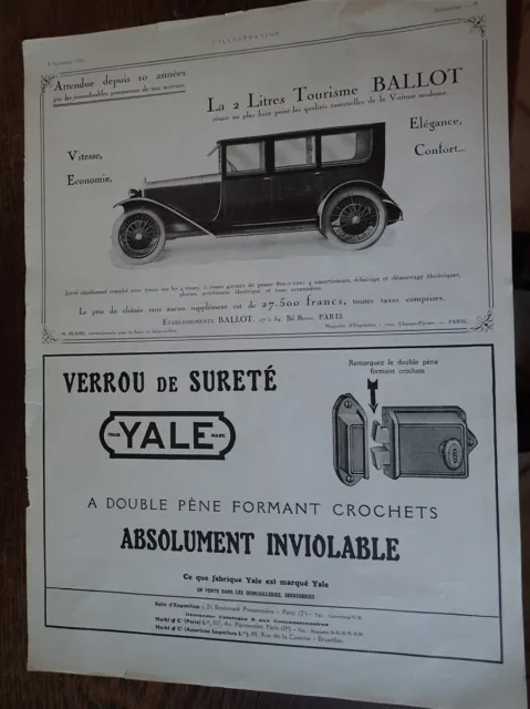 BALLOT 2 litres + verrou YALE + VUITTON 230 publicité papier ILLUSTRATION 1922