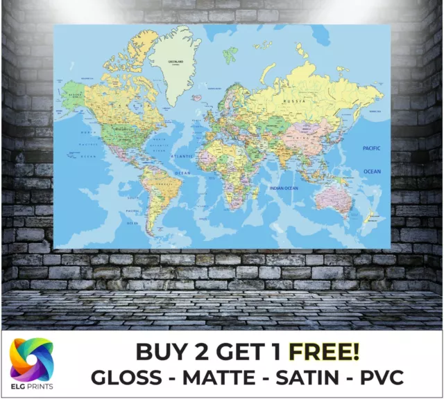 LAMINATED World Map Atlas Detailed Large Poster Wall Art Print Gift A1 A2 A3 A4