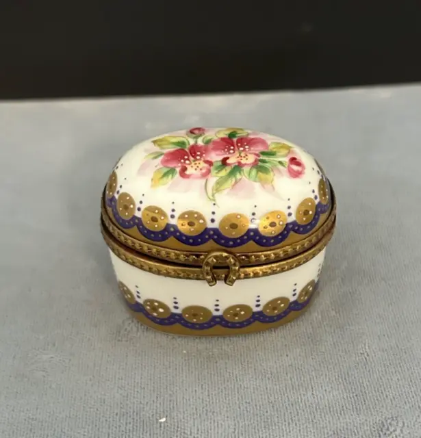 Vintage French Hand Painted Porcelain Trinket Box Horseshoe Clasp