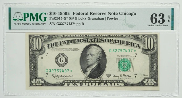 1950 E Series $10 Ten Dollar FRN Fr #2015-G* Granahan/Fowler PMG Graded 63 EPQ