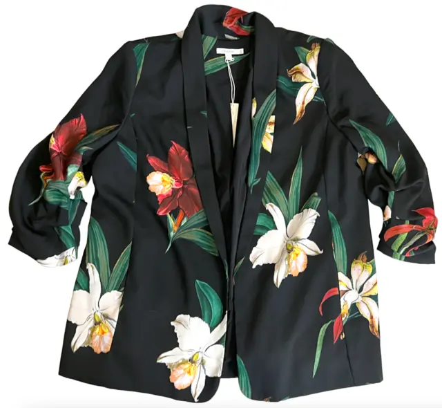 New Chico's Sz 3 Black Floral Print Ruched Sleeve Soft Jacket Size 16 Blazer