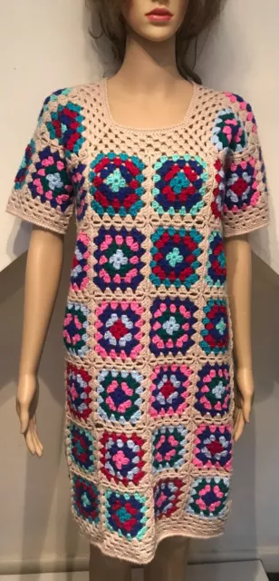 Vintage granny square crochet ladies tunic/top/dress  hand knitted size 8/10