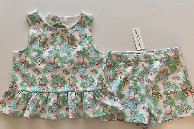 NWT Girls 8 Janie and Jack White/Pink/Green/Blue 2-pc FLAMINGO SWING TOP+SHORTS