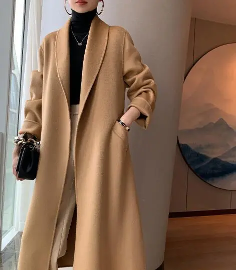 Double Side 100% Cashmere Long Parka Coat Loose Overcoat Belted Winter Womens