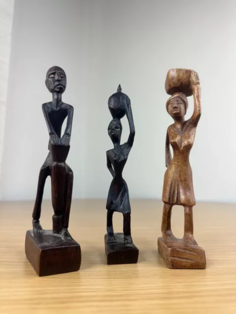 Vintage Lot of 3 Haiti Tribal Folk Art Wooden Hand Carved Figurines