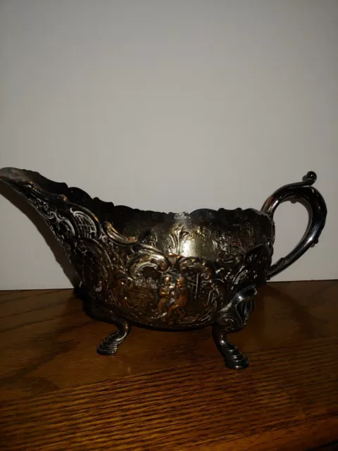 Ornate Silverplate Gravy Boat Repousse 1900's silver plate