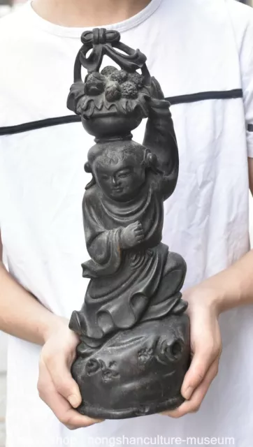 16"Old Chinese Ebony Wood Carving Feng Shui Tongzi Flower Basket Statue