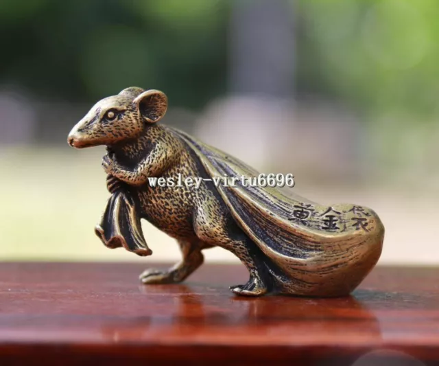 6 cm Pure Bronze Copper Zodiac Animal Rat Mouse Bring Wealth Sack Statue