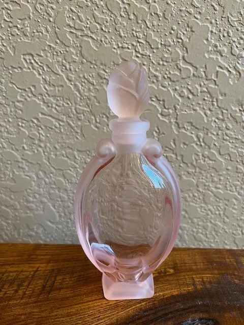 Pink Frosted Glass Perfume Bottle - Rose Rosebud Stopper - Vintage
