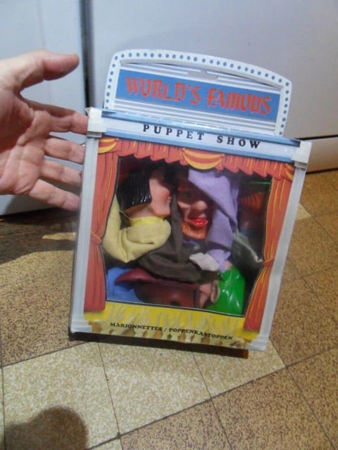 Lot De 6 Marionnettes à Doigts Anciennes En Papier Mâché Avec Théâtre En Bois