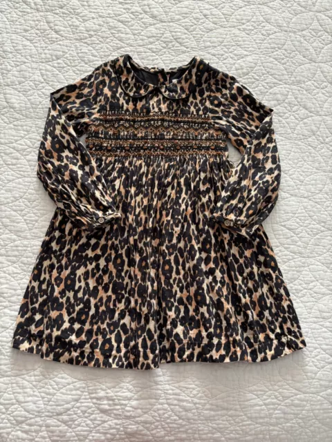Next Girls Leopard Print Long Sleeved Smocked And Embroidered Dress 5-6 Years