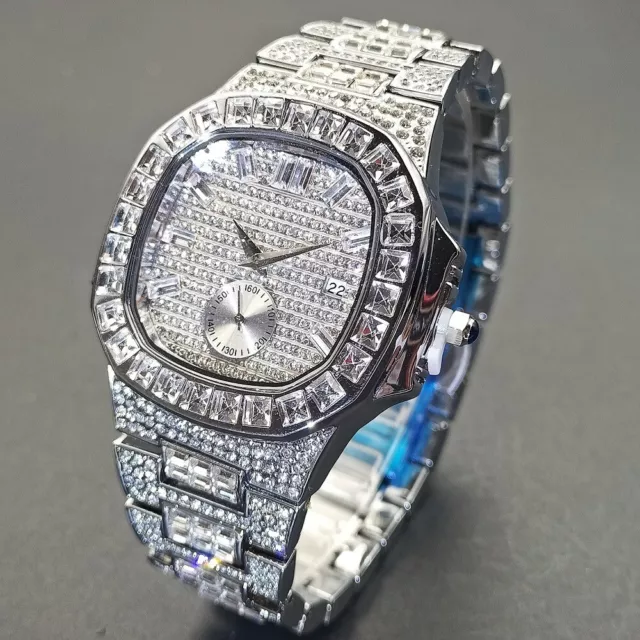 Men Silver Diamond Watch Analog Quartz Stainless Steel Rhinestone Waterproof NEW