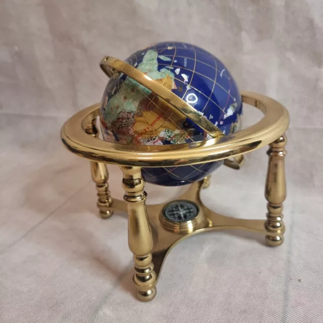 Rotating World Globe Lapis Lazuli Sem Precious Gemstone Inlaid Atlas Brass Stand