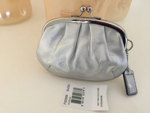 NWT Coach RARE Metallic Framed coin purse change leather kisslock silver #60566