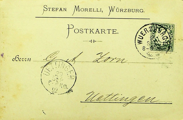 Deutschland Bayern 1892 Mantel Von Arme 5f Auf Postkarte Würzburg Sich Uettingen