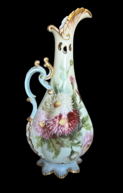 Antique Leonard Vienna Austria Floral Hand Painted Porcelain Vase 1905  10" Tall