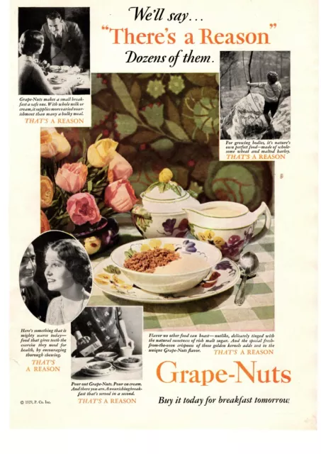 1929 Post Grape Nuts Cereal "Buy It Today For Breakfast Tomorrow" Color Print Ad
