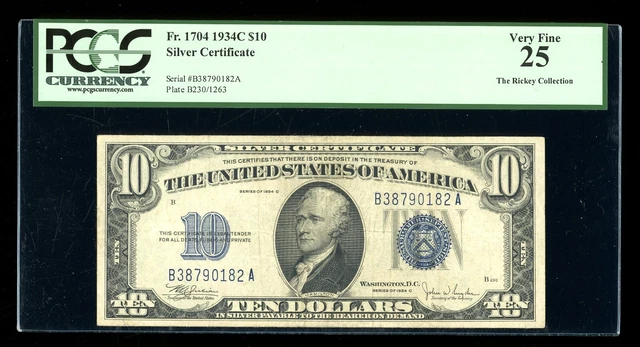 DBR 1934-C $10 Silver Fr. 1704 PCGS 25 Serial B38790182A
