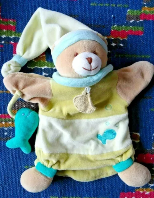 Kp/  Doudou Et Compagnie Marionnette Ours Beige Vert Bleu Poisson Tbe