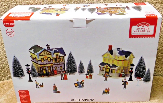 HOLIDAY TIME 20 Piece Lighted Christmas Village Set Buildings, Trees