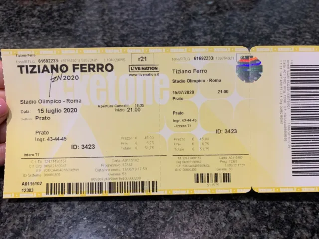 Biglietto concerto TIZIANO FERRO 24/06/23 zona PRATO - stadio Olimpico Roma 
