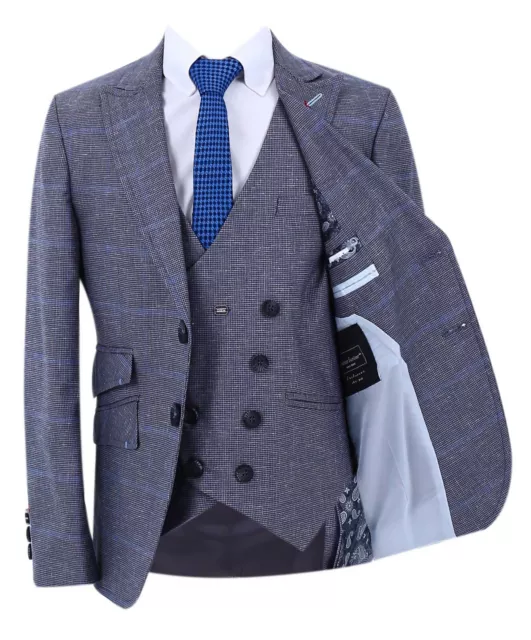 Boys Windowpane Check Suit Slim Fit Grey Page Boy Wedding Prom Formal 3 PC Set
