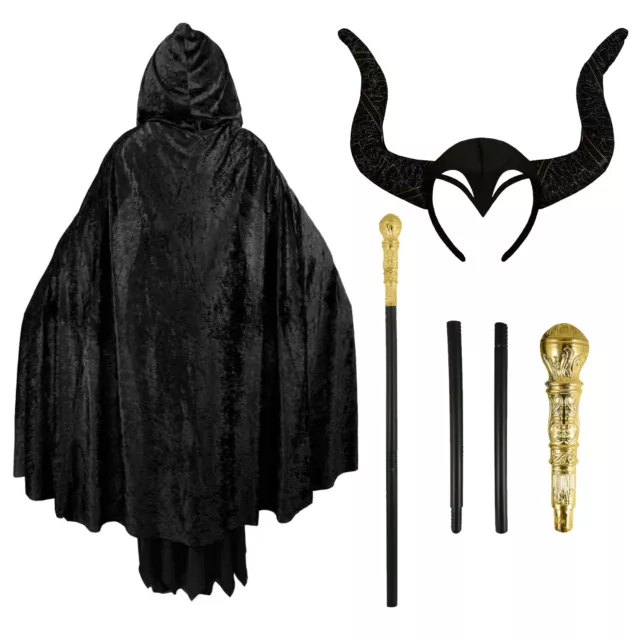 Ladies Evil Witch Costume Halloween Fairytale Costume Cape Horns Cane Maleficent