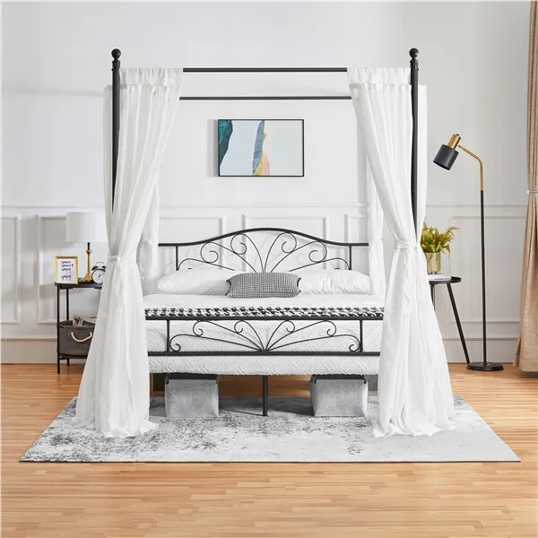 Double Bed Frame with Graceful Design, Four-Poster Canopied Metal Platform Bed