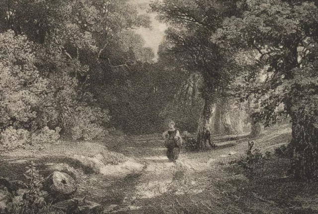 Nach CALAME (*1810), Waldweg mit Spaziergängerin, Lith. Romantik Landschaft 3