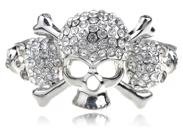 Silver Tone Clear Crystal Rhinestone Pirate Skull Crossbone Cuff Bangle Bracelet