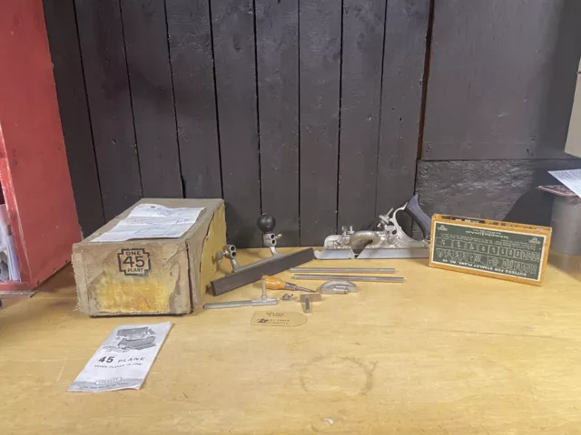 Antique Stanley 45 Combination Plow Plane Wood Tool Sweetheart with Cutters Box