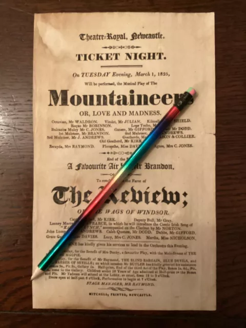 Georgian Playbill Flyer Theatre Royal Newcastle 1825 Mountaineers