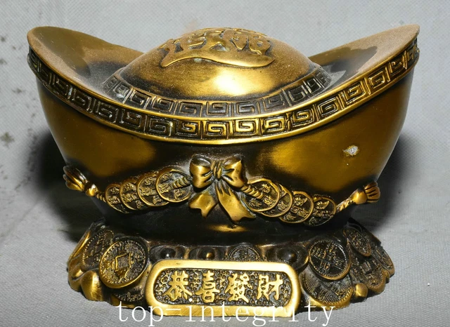 5.9'' Old China Bronze Fengshui Wealth Money Coin Word Yuanbao Treasure Statue