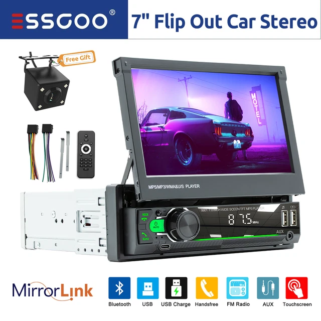 ESSGOO 7" Car Stereo HD Radio Head Unit Flip Out Player USB AUX TF 1 DIN +Camera