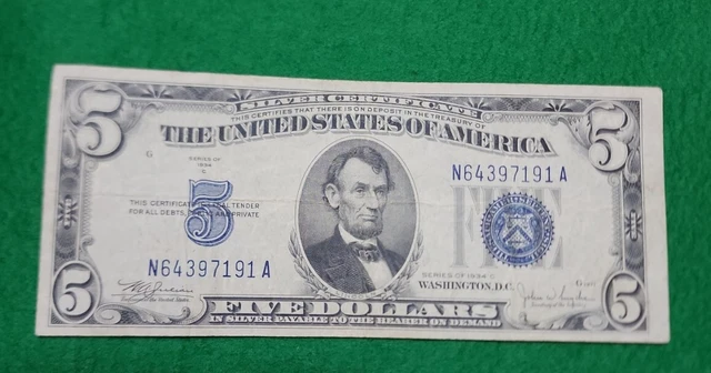 Series 1934 C $5 Five Dollar Silver Certificate Blue Seal Circulated